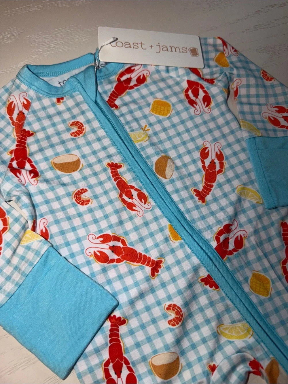 Toast + Jams Checkered Gingham Crawfish Lobster Lemon Romper 0-3 3-6 12-18 18-24